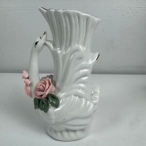 Sophia-Ann Vintage Ceramic Swan Vase White Gold Trim Applied Roses Floral 5.5"